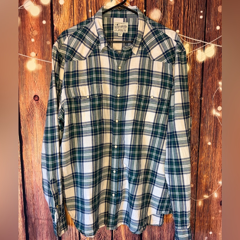 Lucky Brand Green and White Flannel Plaid Shirt with Pearl Snap Buttons